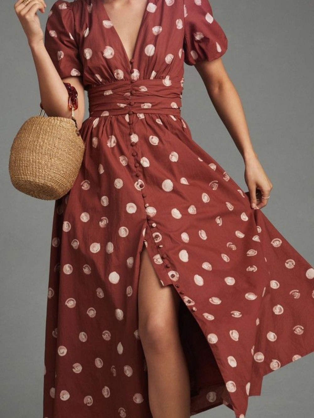 Anthropologie Rust Red Polka-Dot Maxi Dress